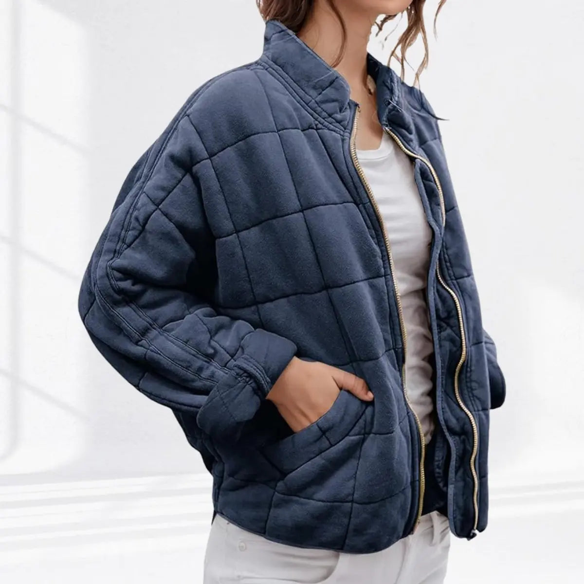 Women's Quilted Jacket Zip-Up Lightweight Stand Collar Padded Coat - Navy Blue