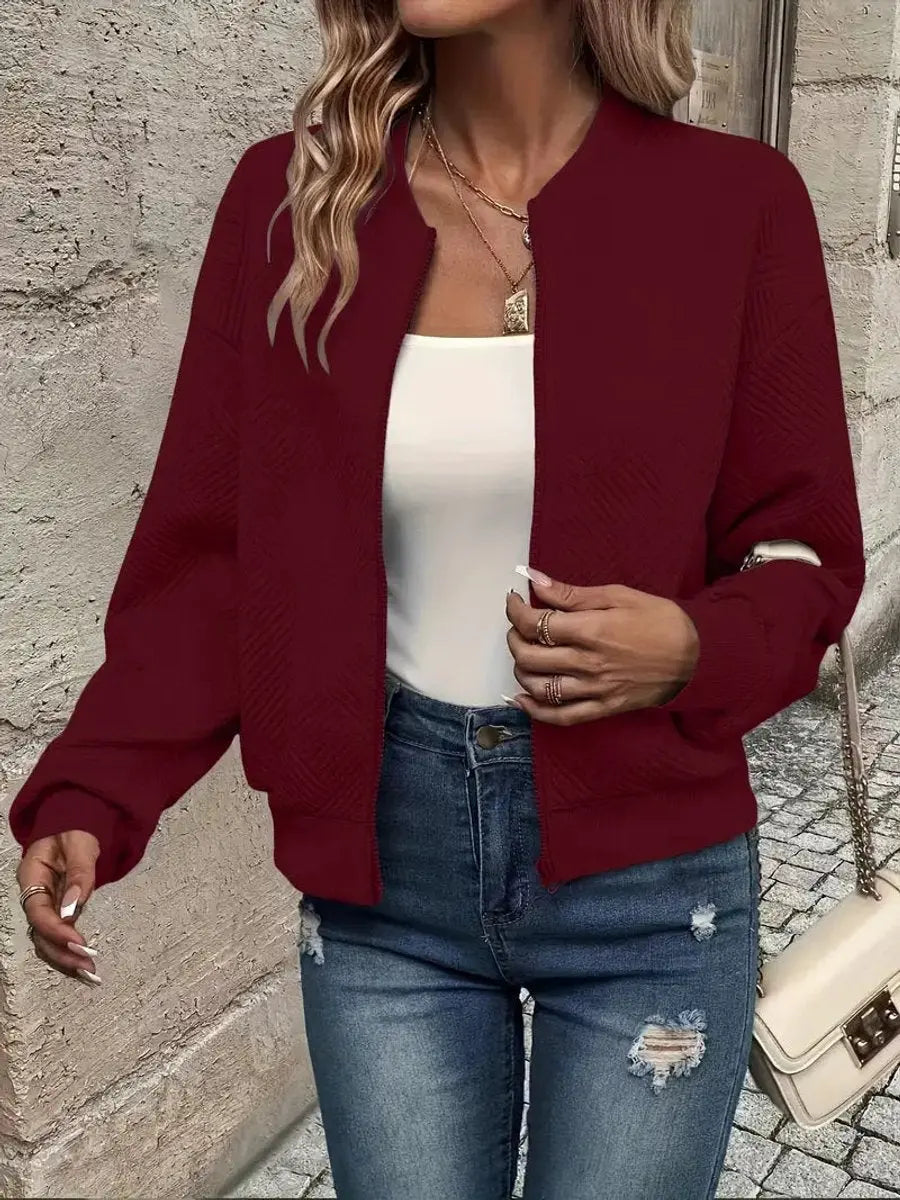 Women's Quilted Jacket Zip-Up Textured Bomber Cropped Sweatshirt - Dark Red