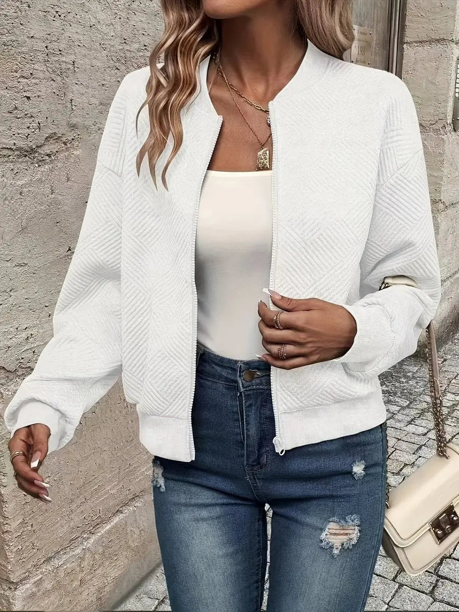 Women's Quilted Jacket Zip-Up Textured Bomber Cropped Sweatshirt - White