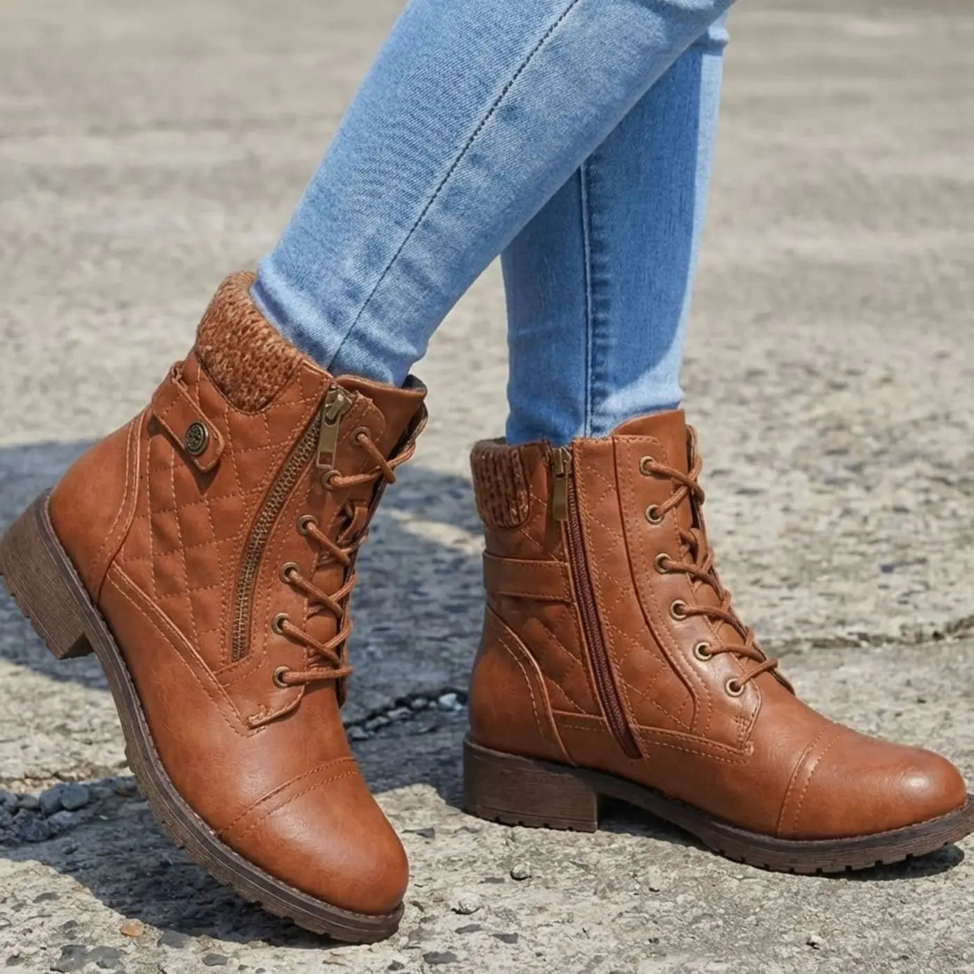 Women's Quilted Lace-Up Block Heel Ankle Boots - Brown