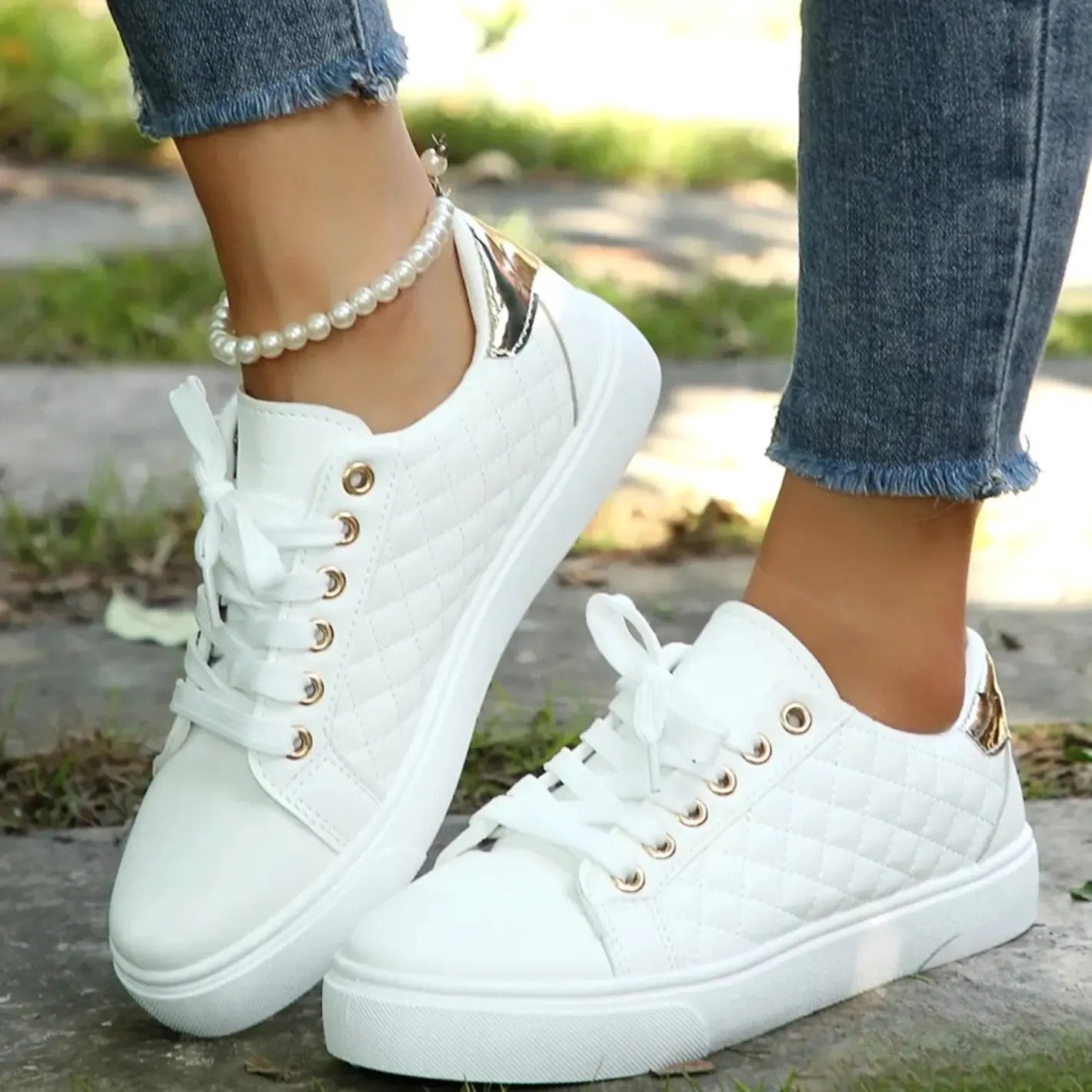 Women's Quilted Lace-Up Orthopaedic Shoes Gold-Detail Trainers
