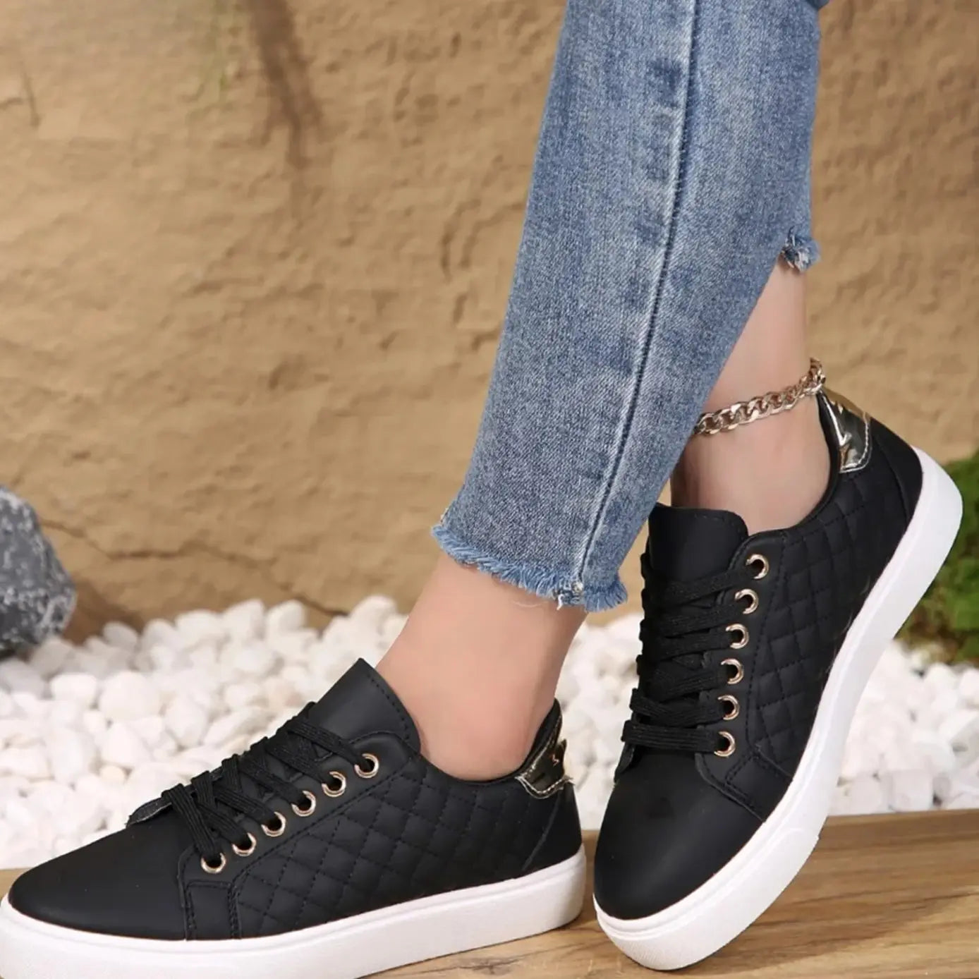 Women's Quilted Lace-Up Orthopaedic Shoes Gold-Detail Trainers - Black
