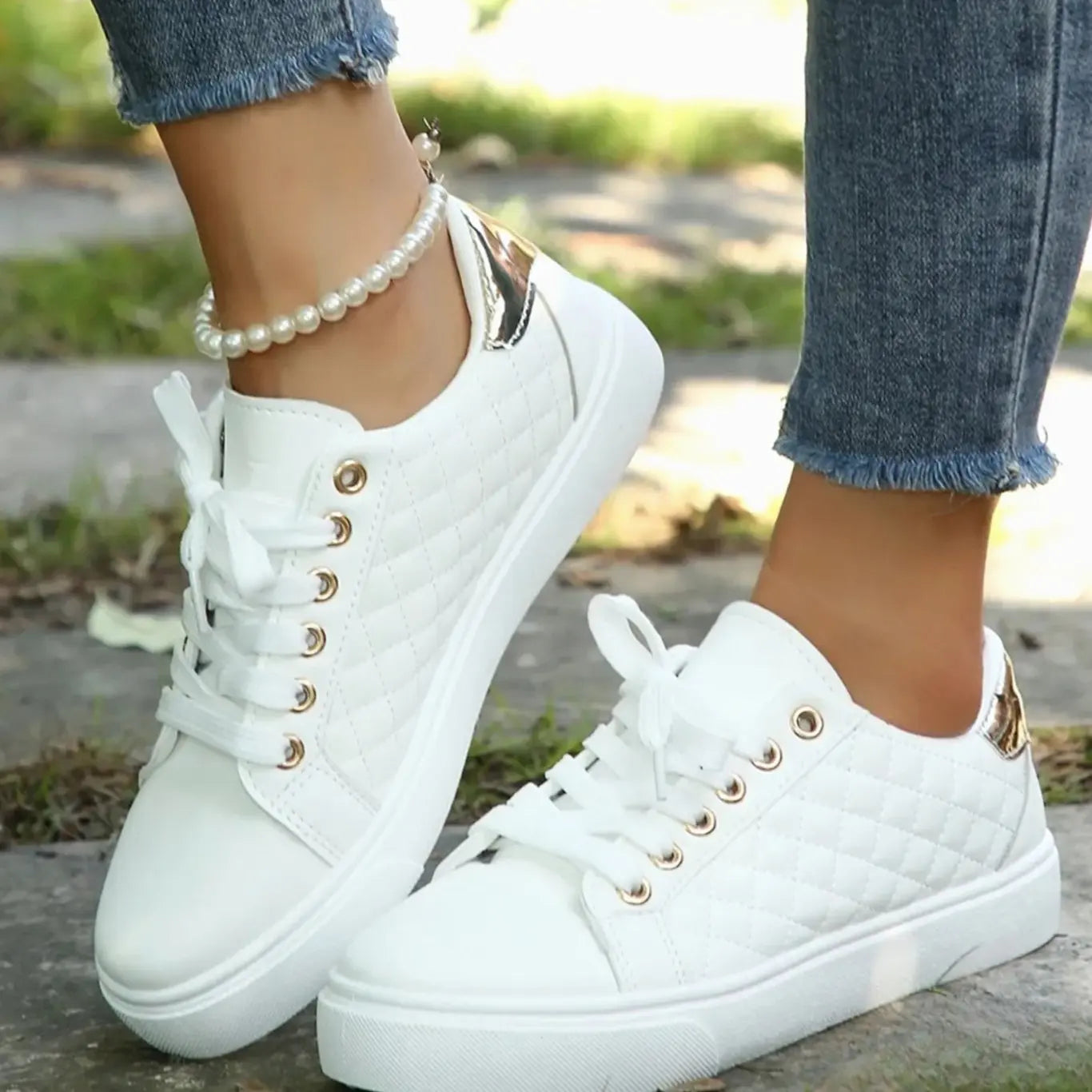 Women's Quilted Lace-Up Orthopaedic Shoes Gold-Detail Trainers - White