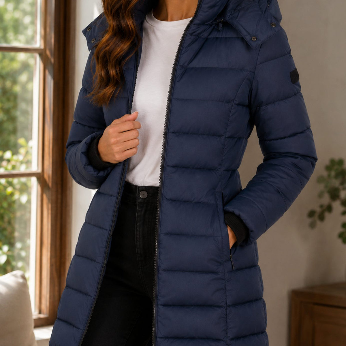 Women's Quilted Longline Hooded Winter Coat - Navy