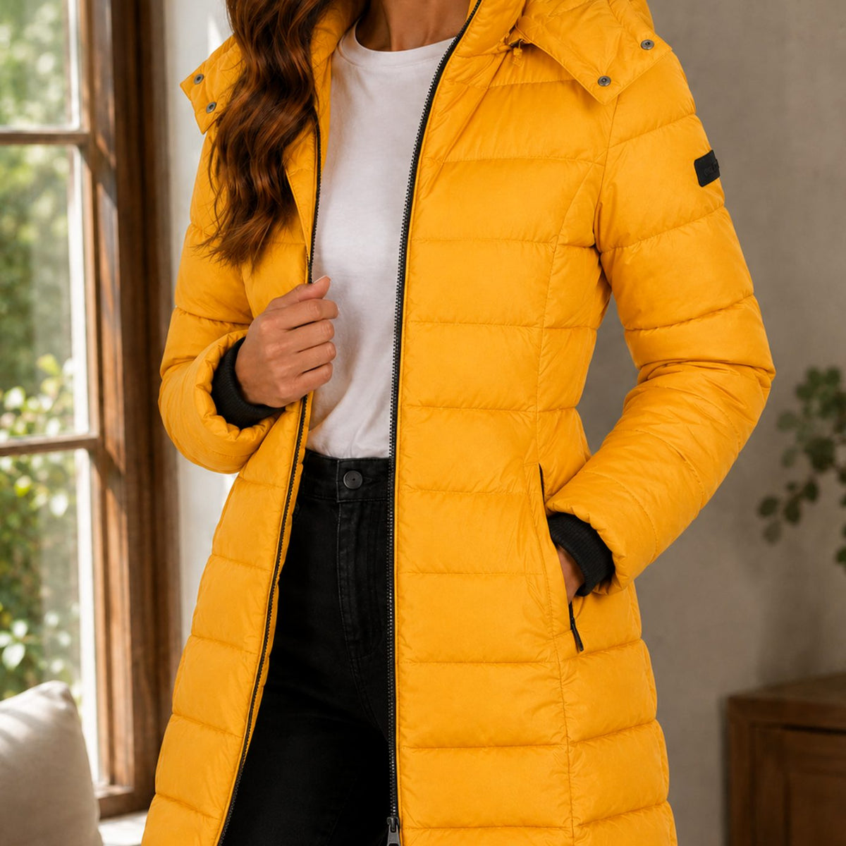 Women's Quilted Longline Hooded Winter Coat - Yellow