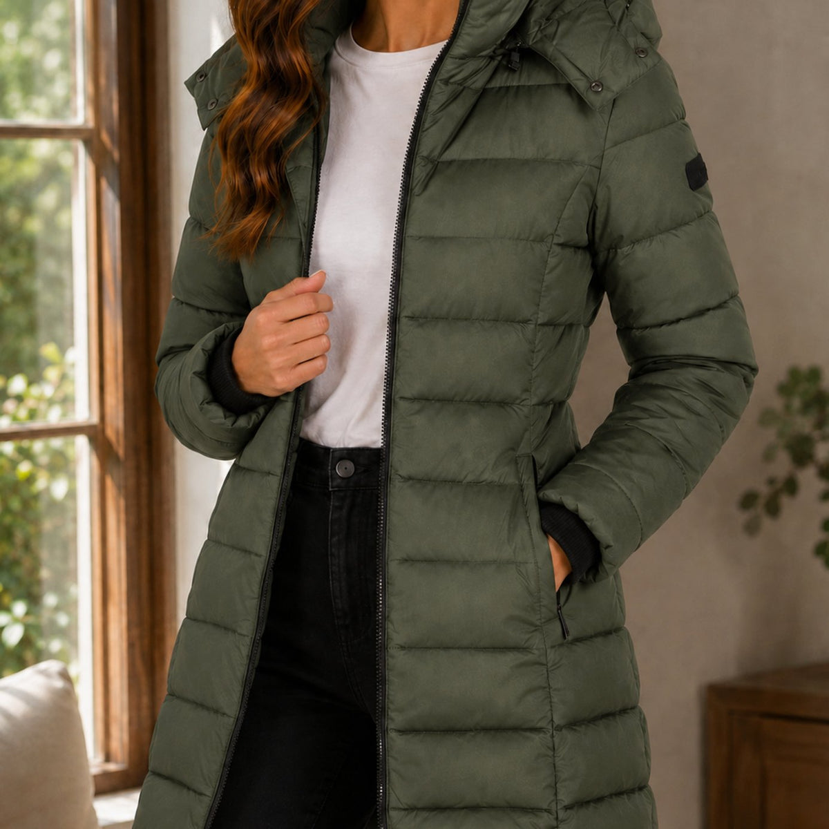 Women's Quilted Longline Hooded Winter Coat - Green