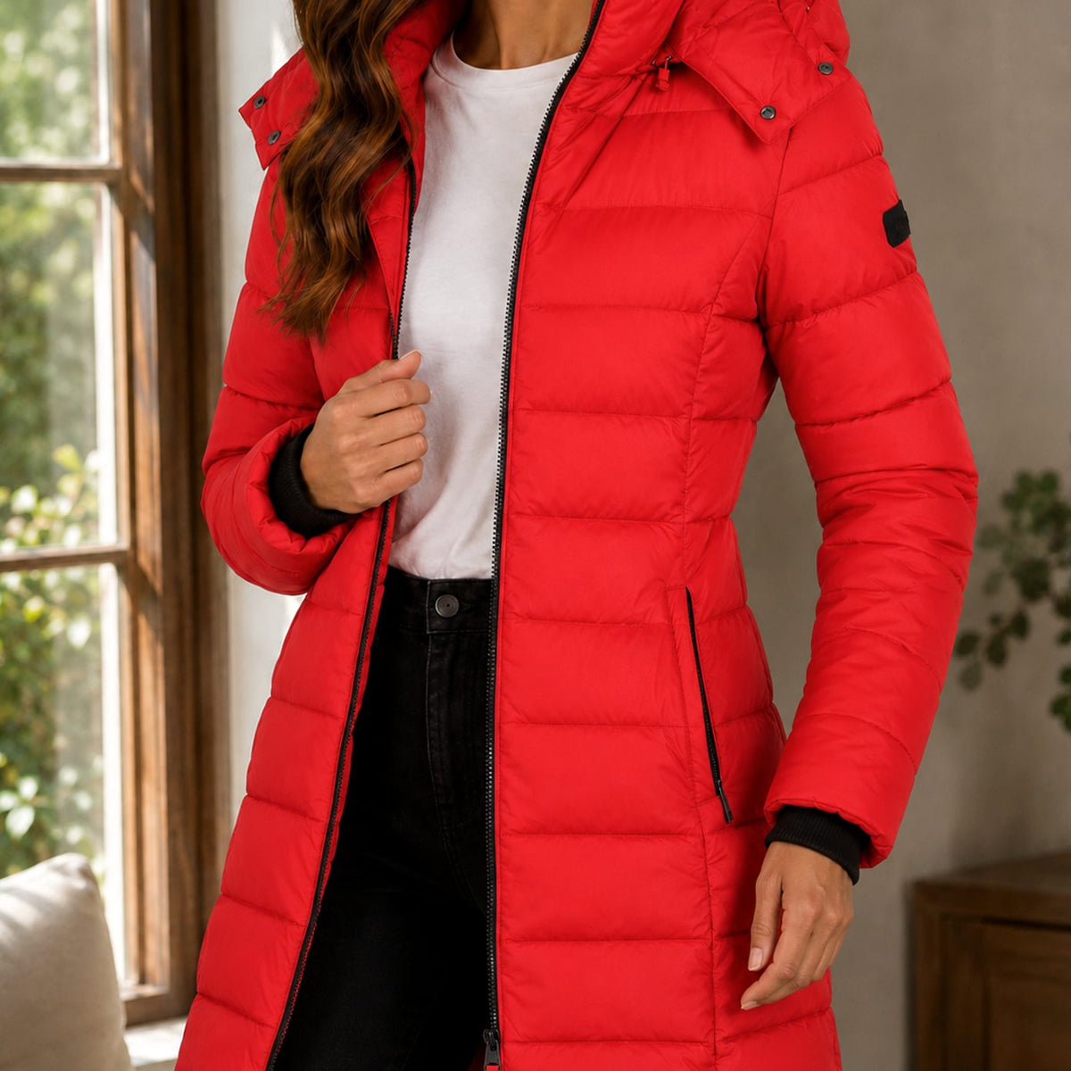 Women's Quilted Longline Hooded Winter Coat - Red