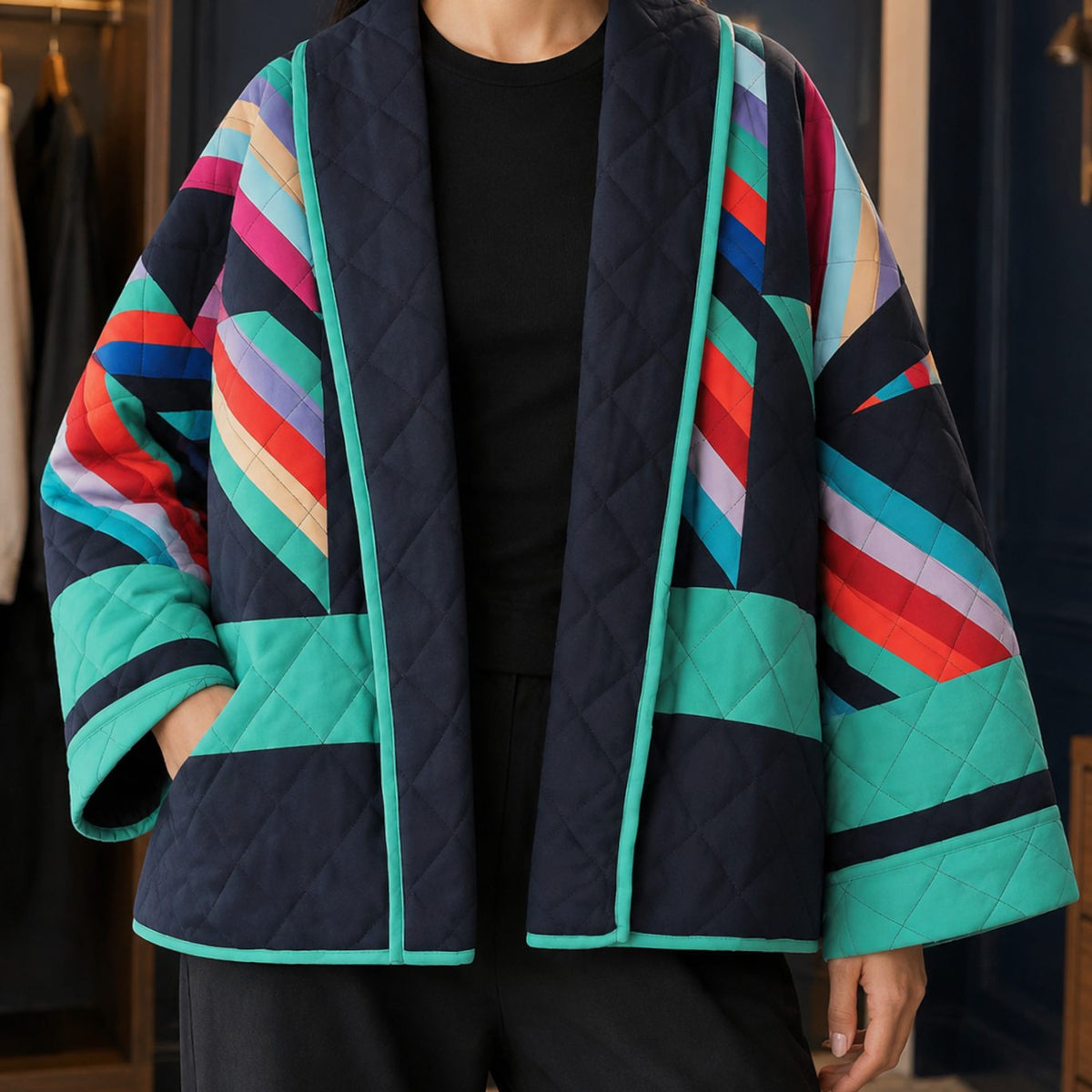 Women's Quilted Open-Front Patchwork Oversized Jacket - Navy Multicolour