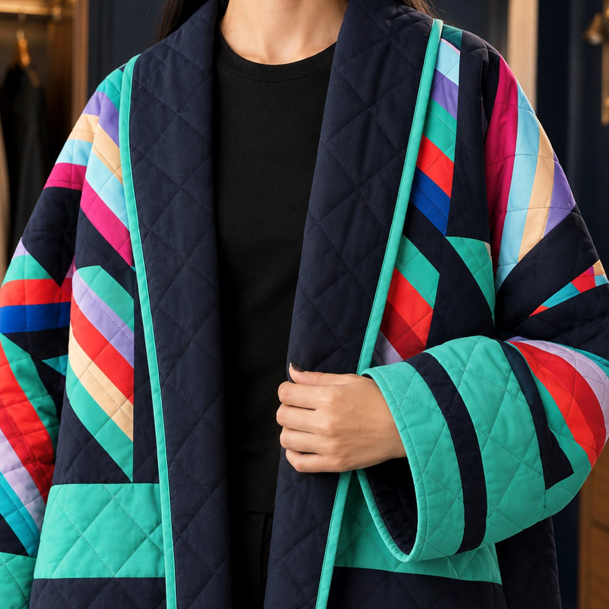 Women's Quilted Open-Front Patchwork Oversized Jacket