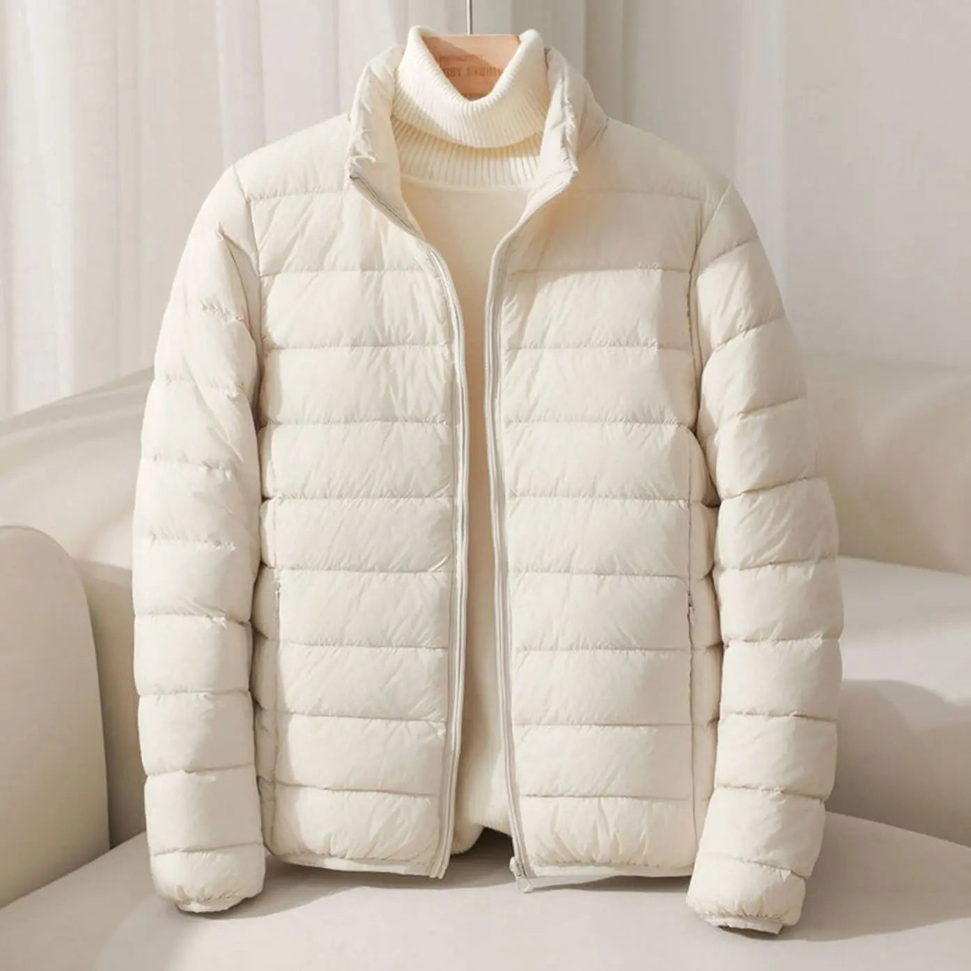 Women's Quilted Padded Puffer Coat Stand-Collar Lightweight Jacket - Beige