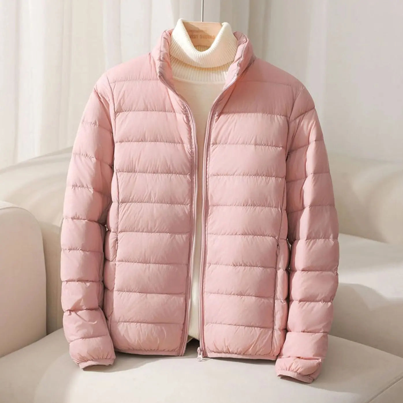 Women's Quilted Padded Puffer Coat Stand-Collar Lightweight Jacket - Pink