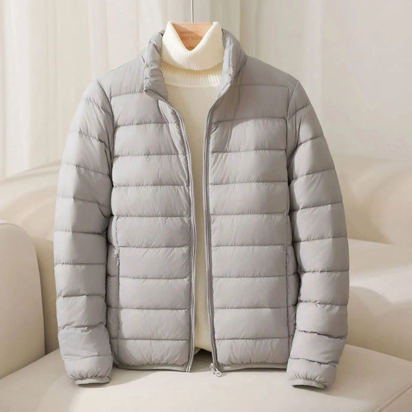 Women's Quilted Padded Puffer Coat Stand-Collar Lightweight Jacket - Grey