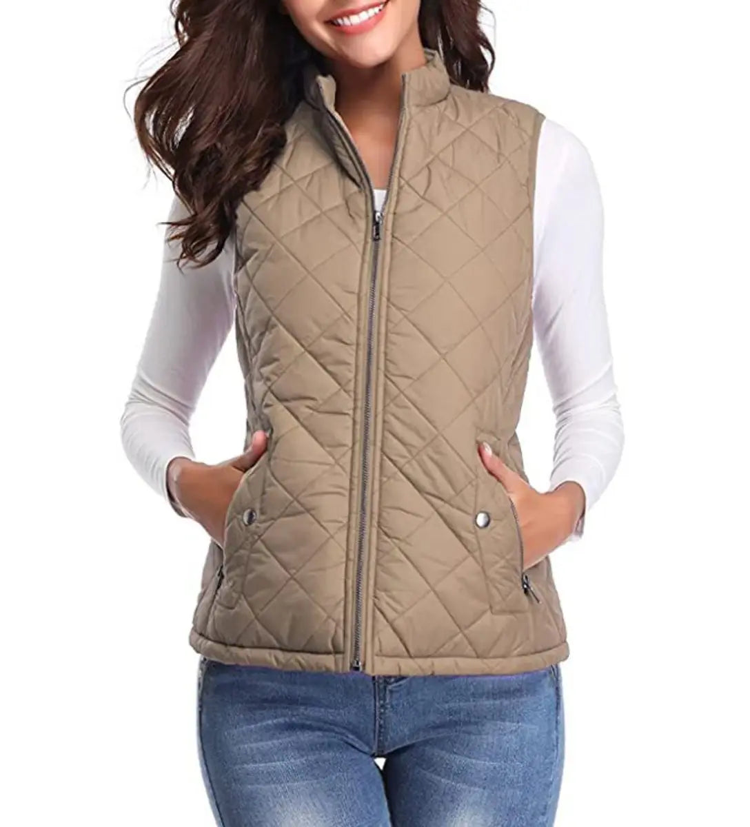Women's Quilted Zip-Up Lightweight Puffer Vest - Light Mocha