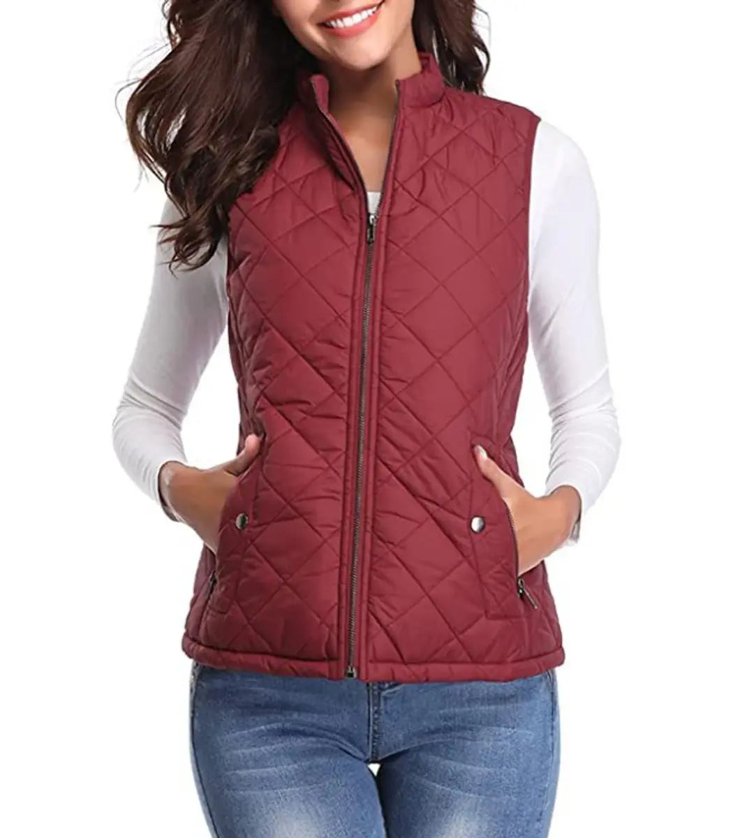 Women's Quilted Zip-Up Lightweight Puffer Vest - Burgundy