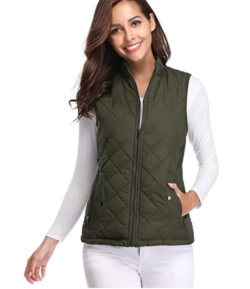 Women's Quilted Zip-Up Lightweight Puffer Vest - Olive Green