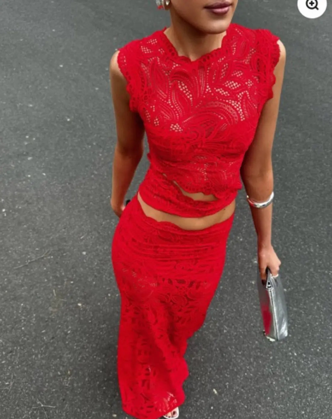 Women's Red Lace Sleeveless Crop Top Maxi Skirt Two-Piece Set