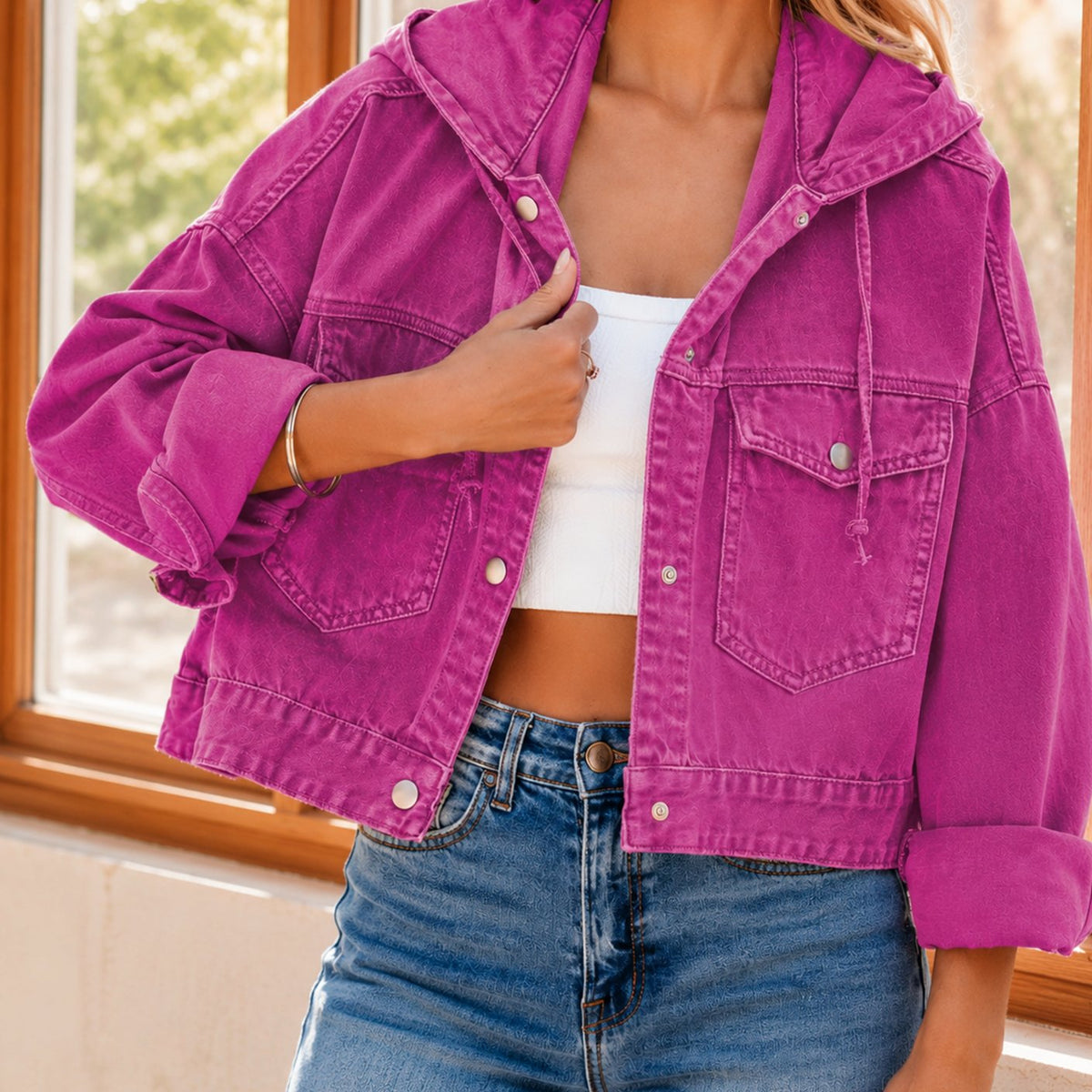 Women's Relaxed Cropped Hooded Denim Jacket Snap Closure - Fuchsia