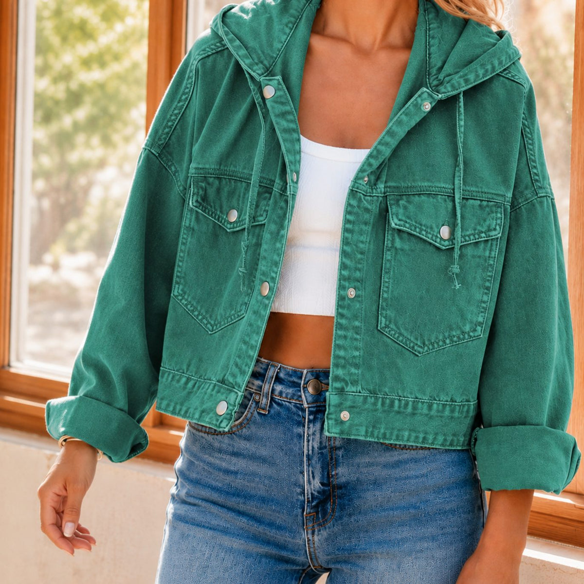 Women's Relaxed Cropped Hooded Denim Jacket Snap Closure - Teal