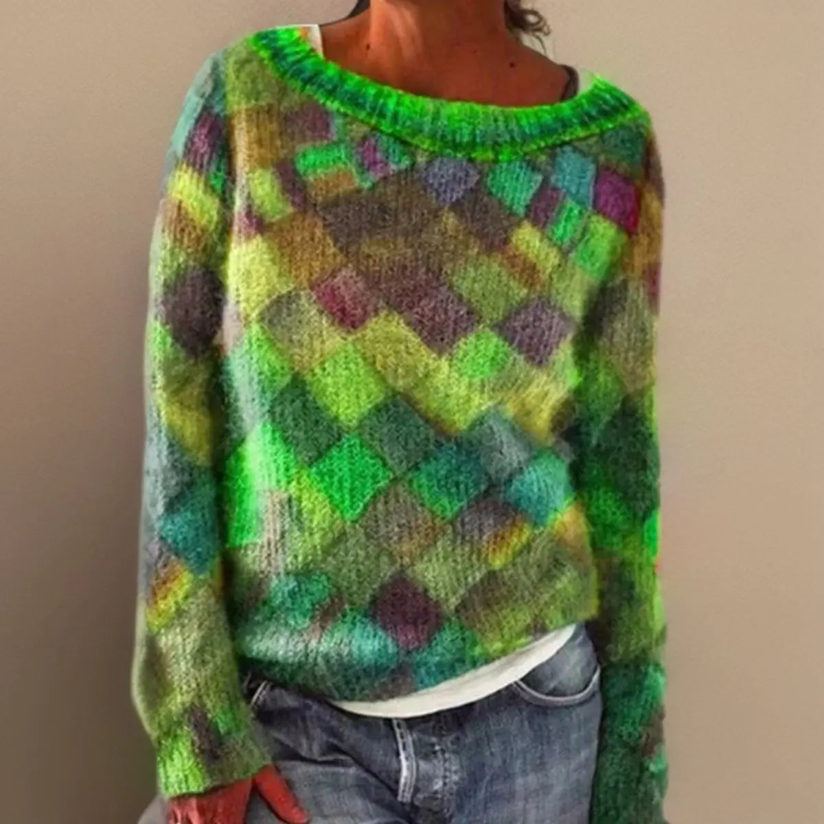 Women's Relaxed-Fit Argyle Knit Sweater Jumper - Green