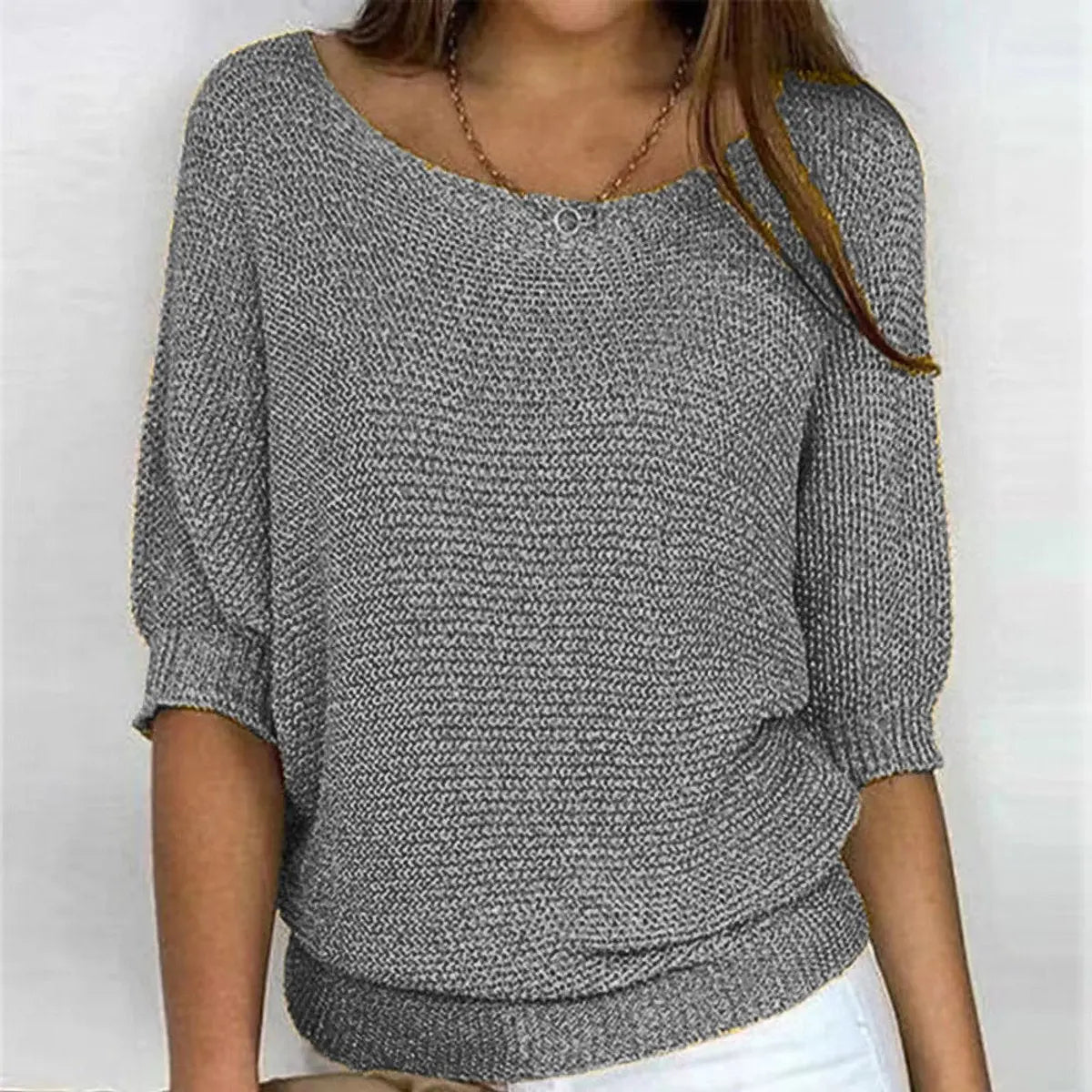 Women's Relaxed-Fit Batwing-Sleeve Knit Sweater - Grey