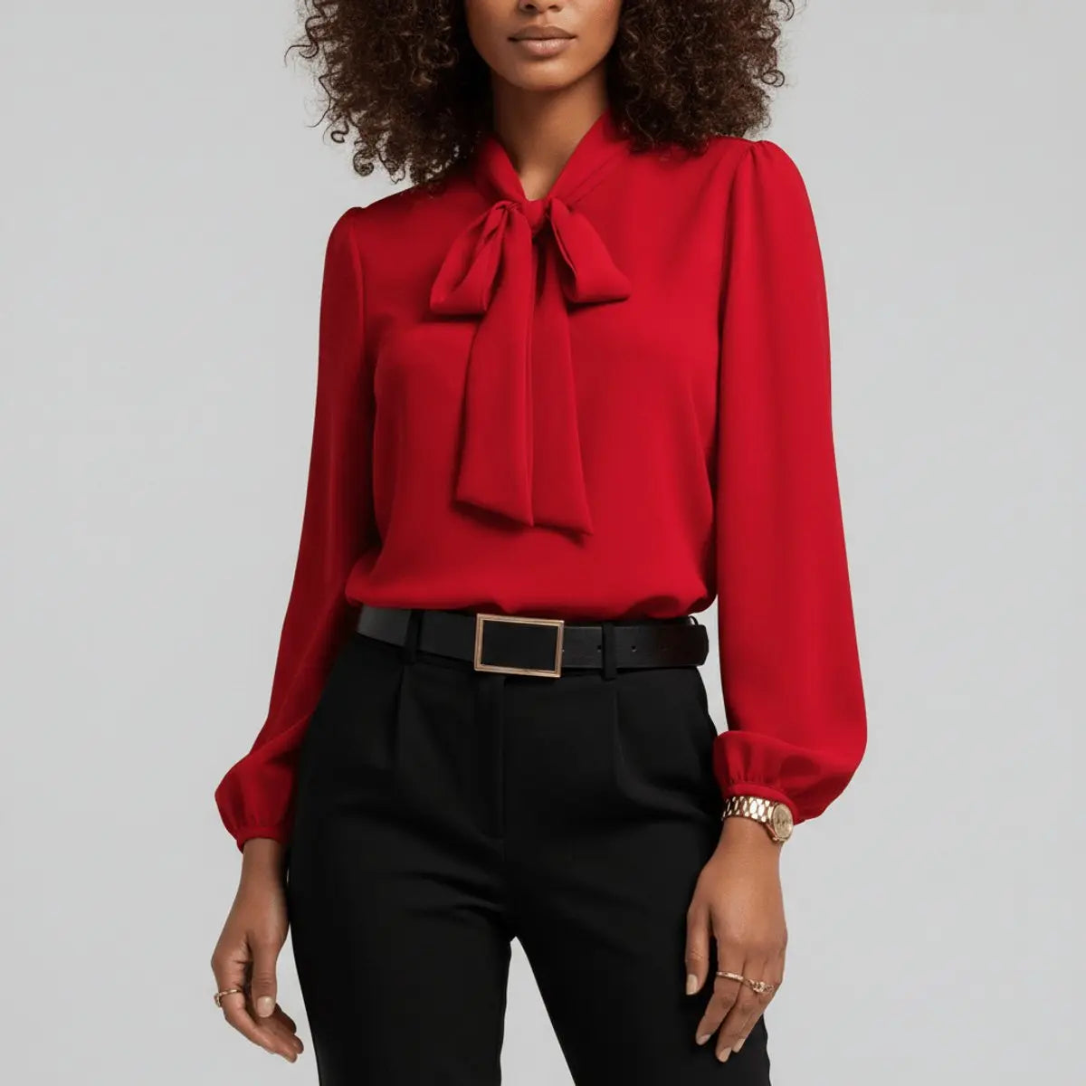 Women's Relaxed-Fit Bow Tie Neck Long Sleeve Blouse - Scarlet Red