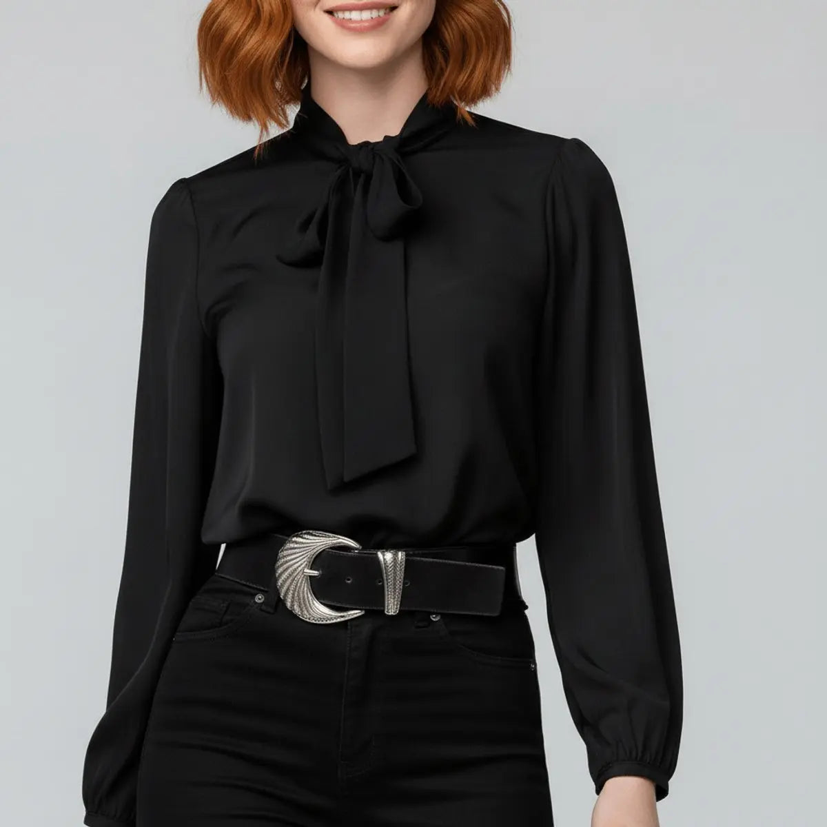 Women's Relaxed-Fit Bow Tie Neck Long Sleeve Blouse - Jet Black