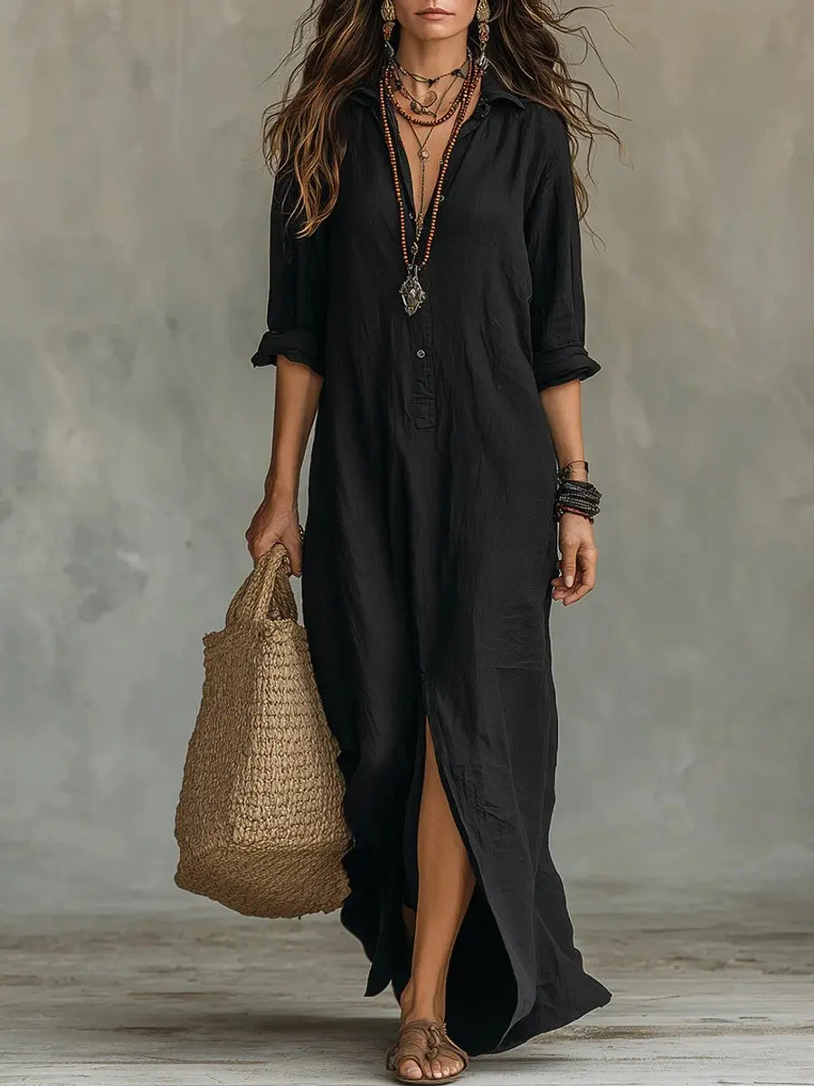 Women's Relaxed-Fit Button-Down Maxi Long Sleeve Dress - Black