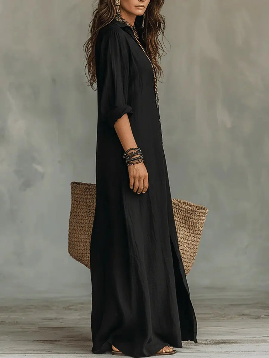 Women's Relaxed-Fit Button-Down Maxi Long Sleeve Dress