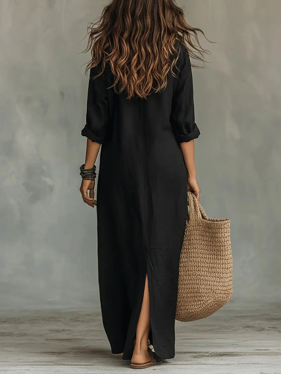 Women's Relaxed-Fit Button-Down Maxi Long Sleeve Dress