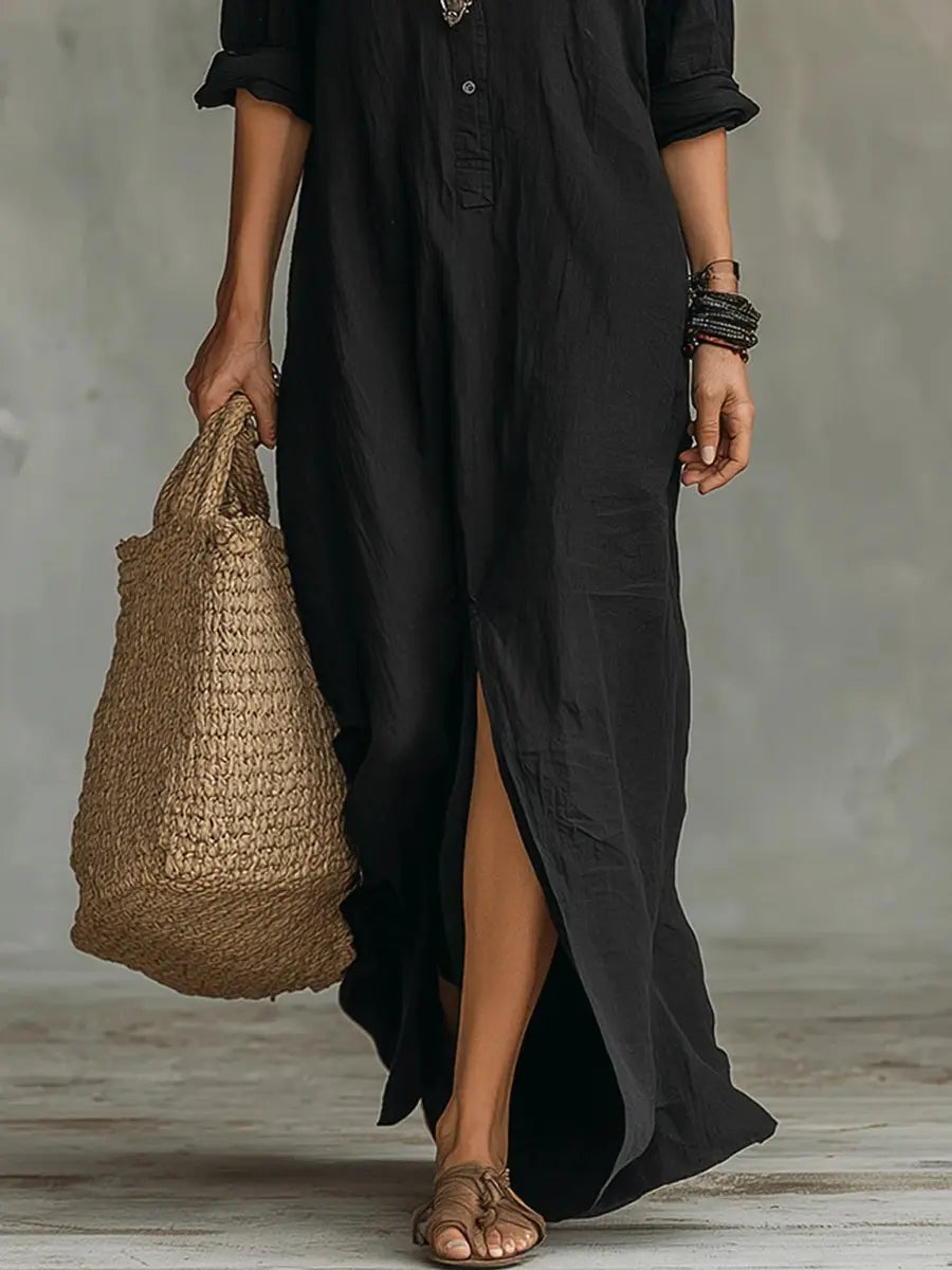 Women's Relaxed-Fit Button-Down Maxi Long Sleeve Dress