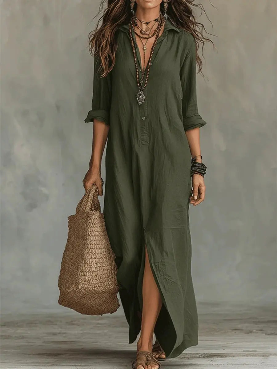 Women's Relaxed-Fit Button-Down Maxi Long Sleeve Dress - Green