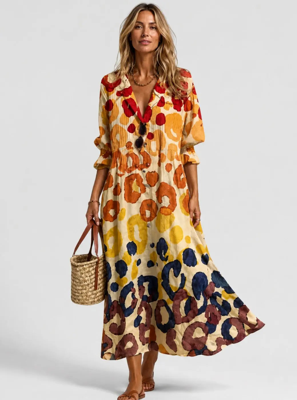 Women's Relaxed-Fit Button-Front Printed Maxi Autumn Dress - Multi
