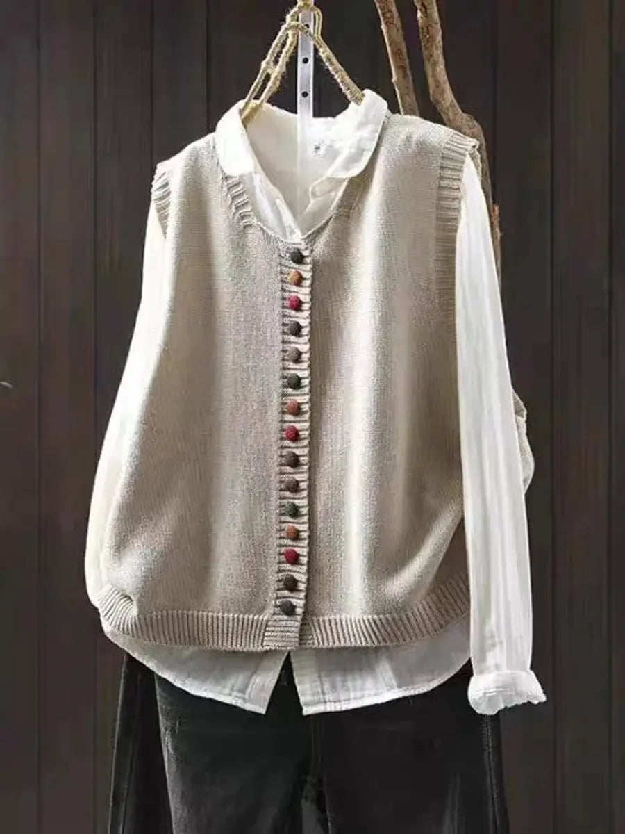 Women's Relaxed-Fit Button-Up Knitted Sleeveless Vest - Off-White
