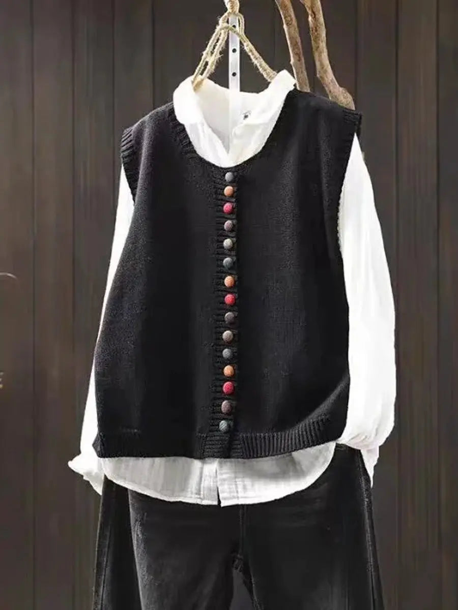 Women's Relaxed-Fit Button-Up Knitted Sleeveless Vest - Black