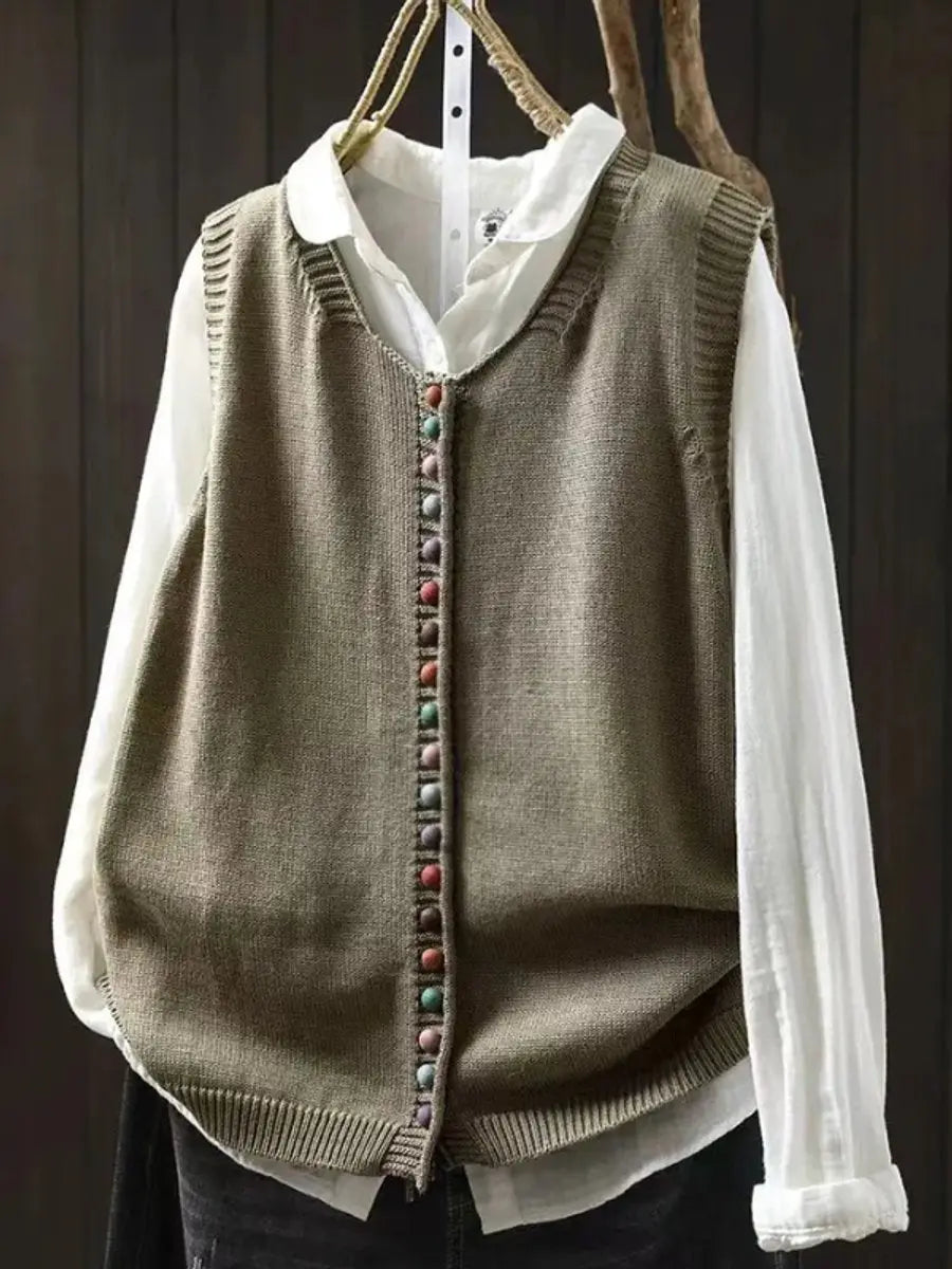 Women's Relaxed-Fit Button-Up Knitted Sleeveless Vest - Cucumber