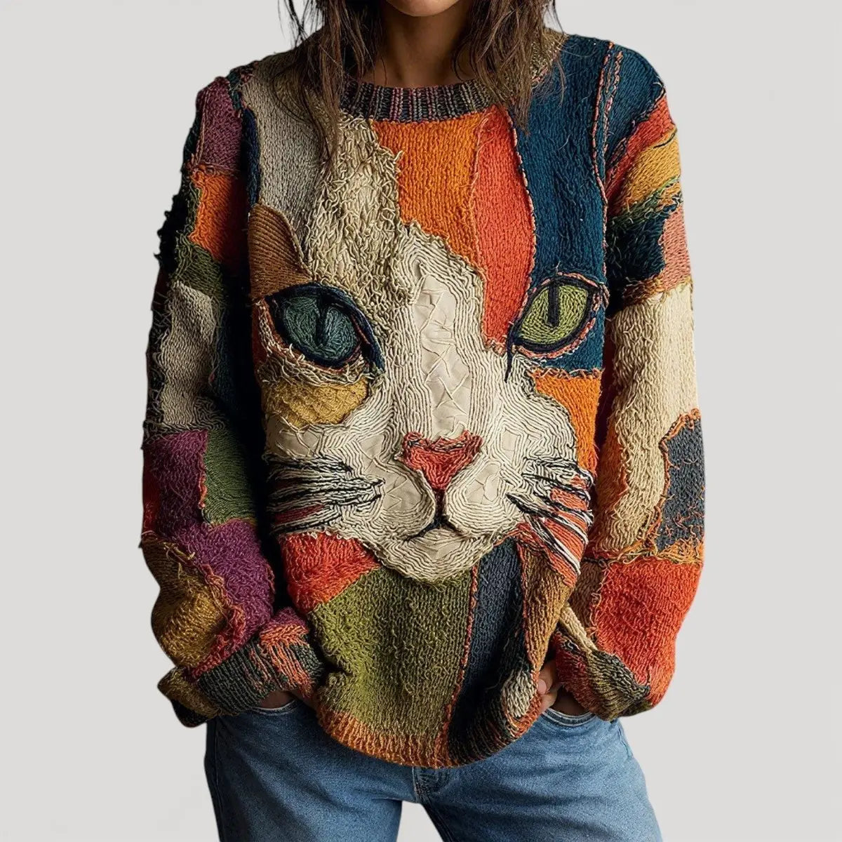 Women's Relaxed-Fit Cat Print Knit Sweater Colourblock Jumper - Multicolour