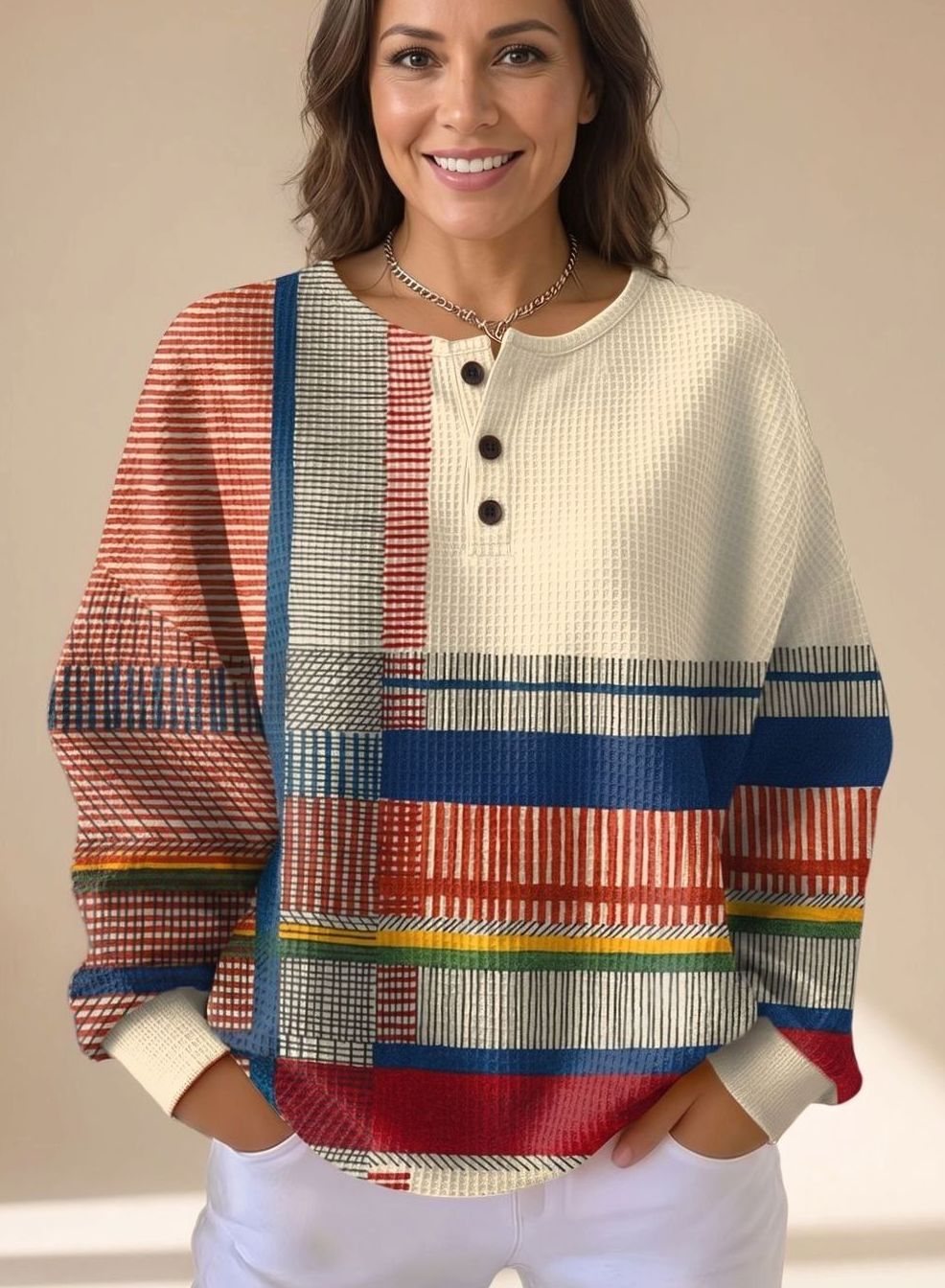 Women's Relaxed-Fit Colourblock Waffle-Knit Henley Jumper