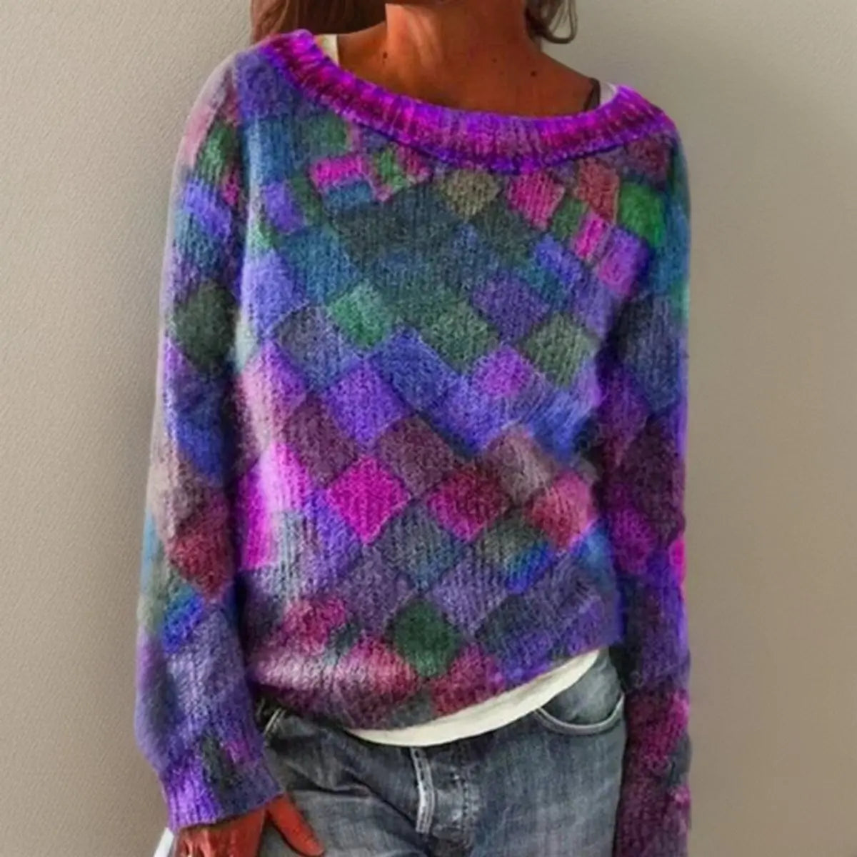 Women's Relaxed-Fit Diamond Argyle Knit Sweater Jumper - Purple