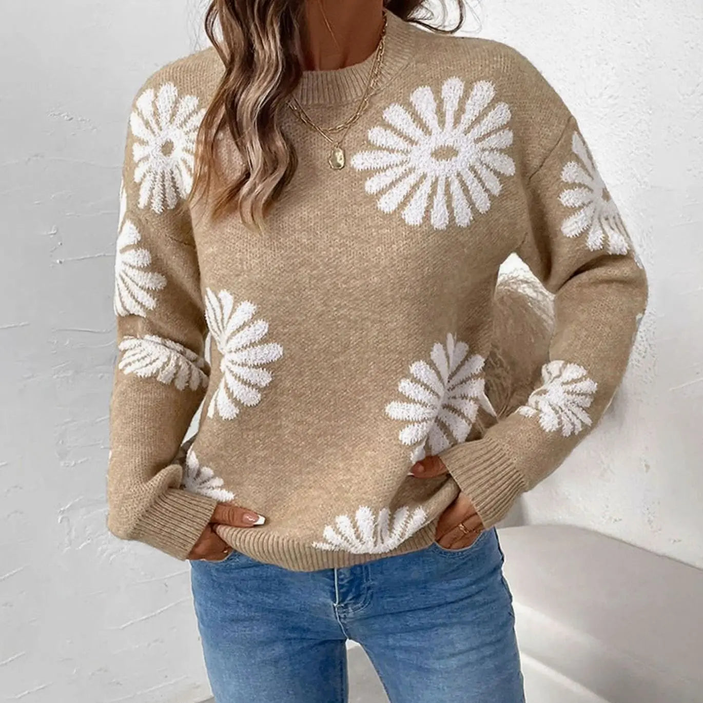 Women's Relaxed-Fit Floral Intarsia Knit Crew-Neck Jumper