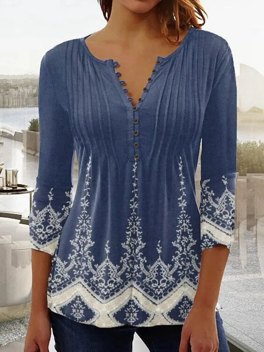 Women's Relaxed-Fit Floral Long-Sleeve Henley Blouse - Blue