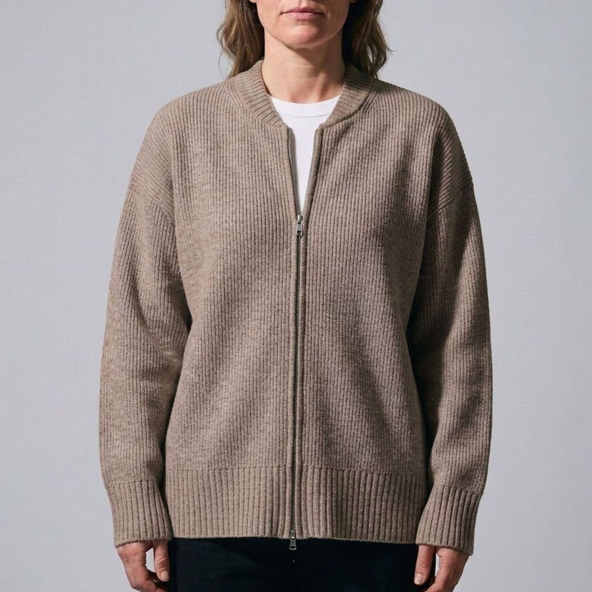 Women's Relaxed-Fit Full-Zip Ribbed Knit Cardigan - Mocha