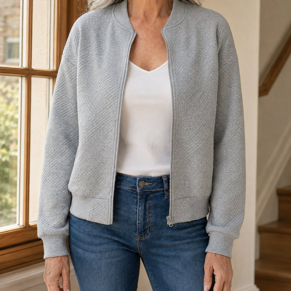 Women's Relaxed-Fit Geometric-Texture Full-Zip Bomber Jacket - Light Grey