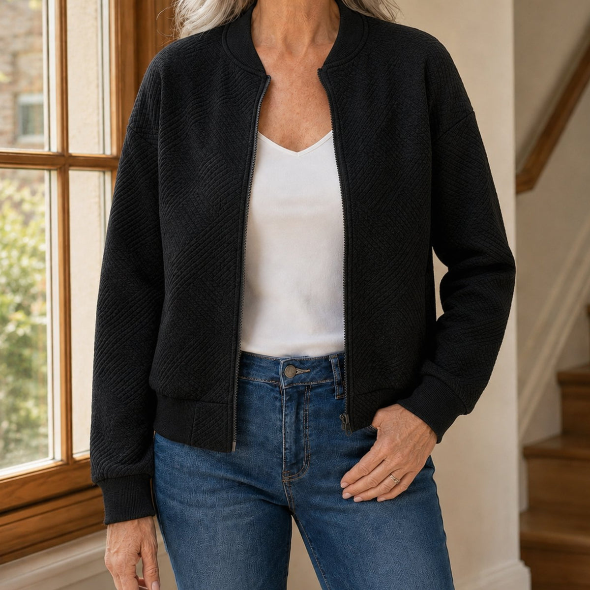 Women's Relaxed-Fit Geometric-Texture Full-Zip Bomber Jacket - Black