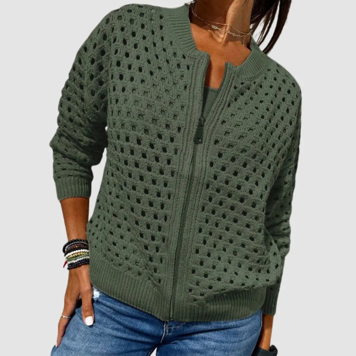 Women's Relaxed-Fit Hollow-Knit Zip-Up Cardigan - Green