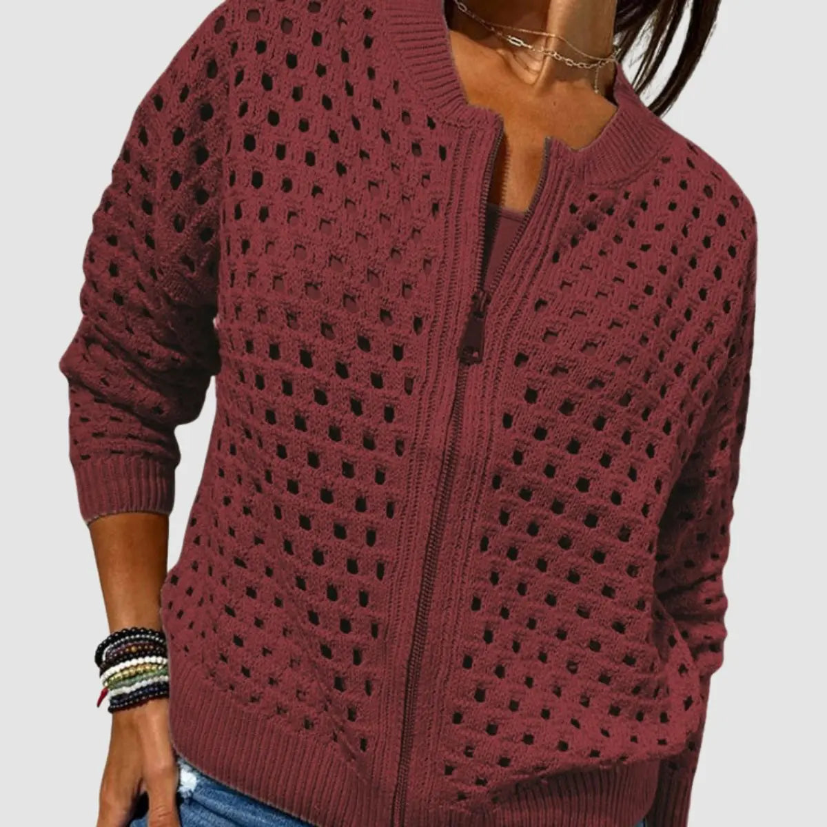 Women's Relaxed-Fit Hollow-Knit Zip-Up Cardigan - Burgundy