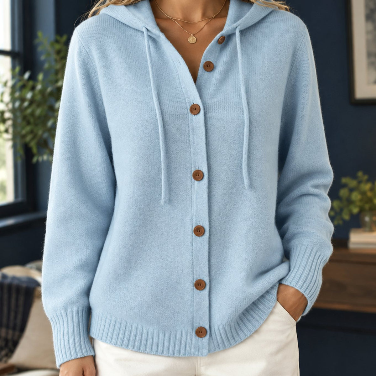 Women's Relaxed-Fit Hooded Button-Front Knit Cardigan - Blue