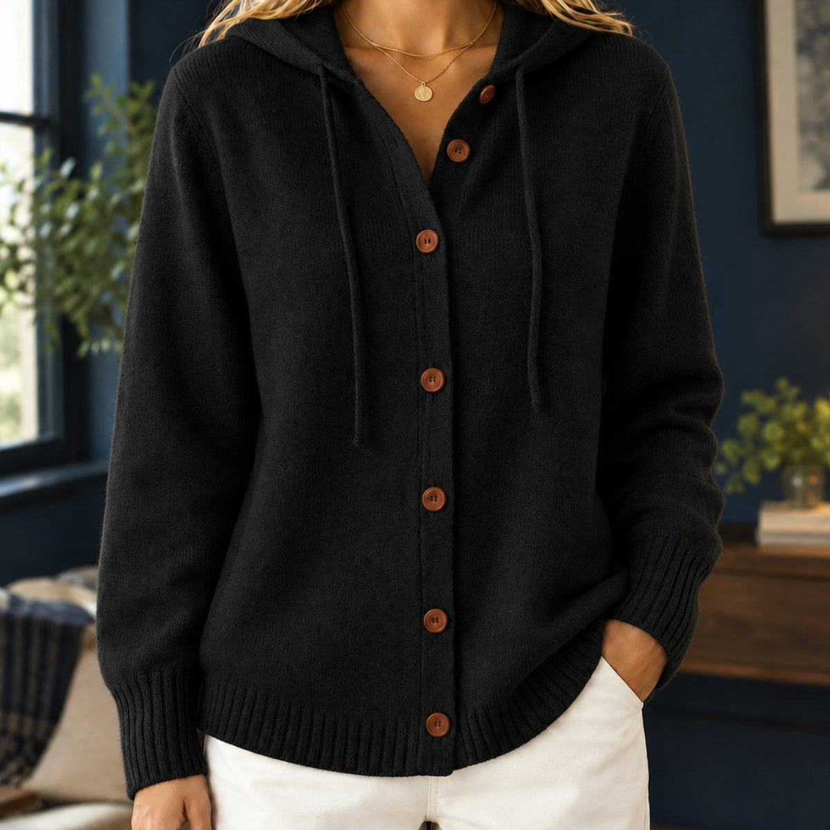 Women's Relaxed-Fit Hooded Button-Front Knit Cardigan - Black