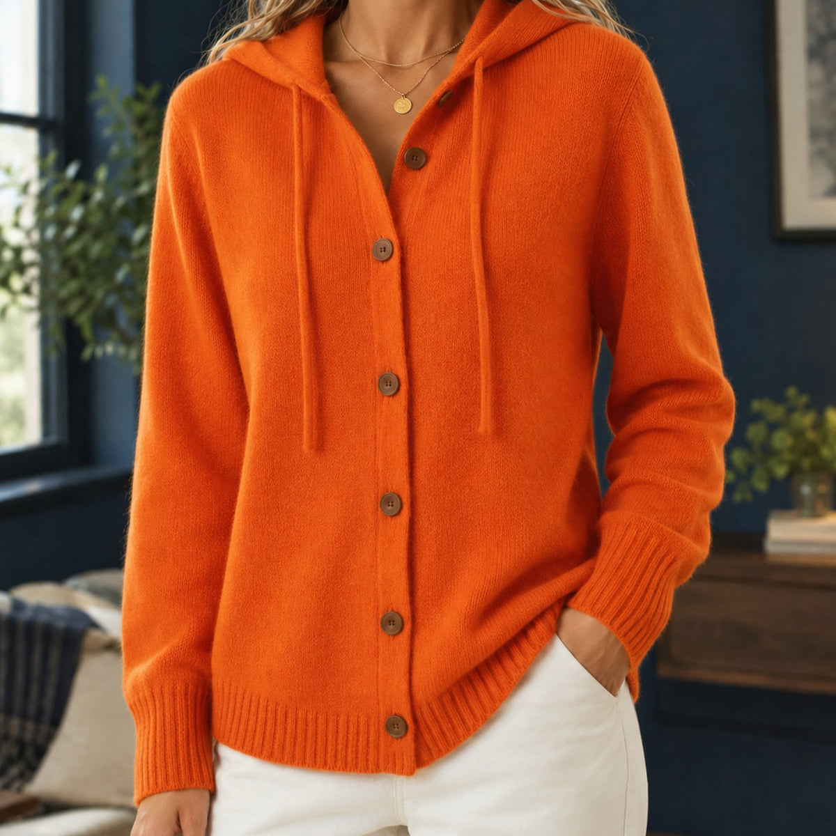 Women's Relaxed-Fit Hooded Button-Front Knit Cardigan - Bright Orange