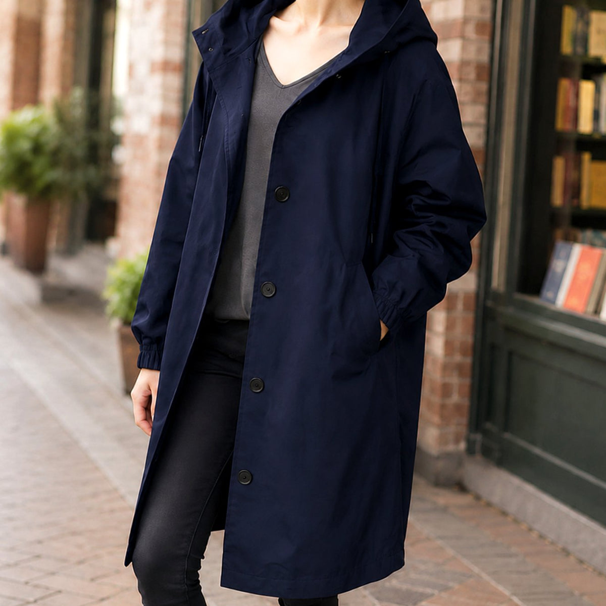 Women's Relaxed-Fit Hooded Overcoat Button-Front Knee-Length - Dark Blue