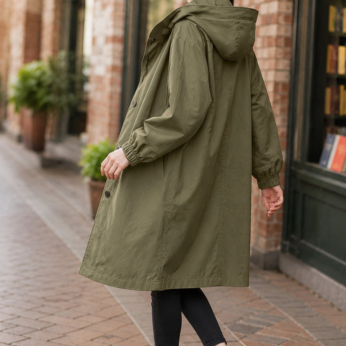 Women's Relaxed-Fit Hooded Overcoat Button-Front Knee-Length - Green